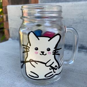 Hand-Painted Kawaii Anime Cat Glass Mason Jar Mug
